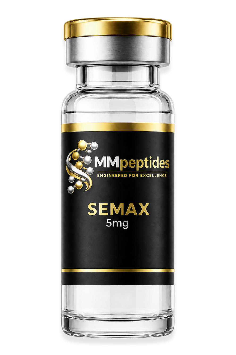 MMpeptides Semax 5mg research peptide vial with black and gold label