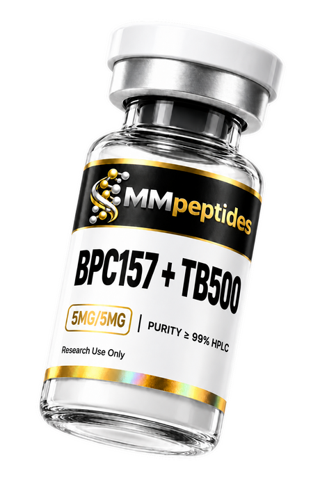 MMpeptides BPC-157 + TB-500 5mg/5mg research peptide blend vial, lyophilised, ≥99% HPLC purity, for laboratory research use only