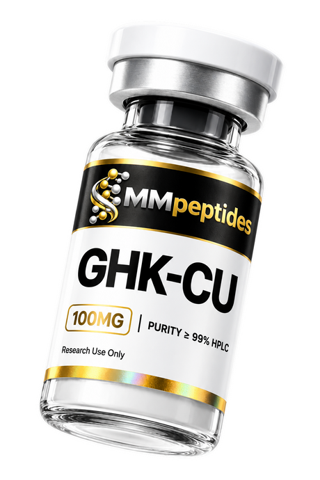 MMpeptides GHK-Cu 100mg copper peptide research vial, lyophilised, ≥99% HPLC purity, for laboratory research use only