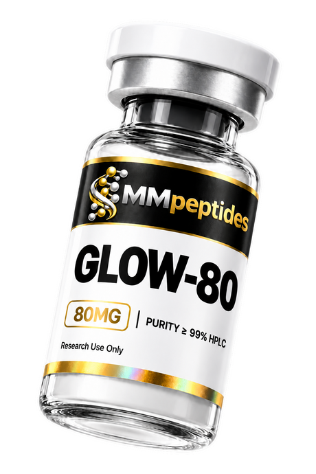 MMpeptides GLOW-80 (KLOW) 80mg research peptide blend vial, lyophilised, ≥99% HPLC purity, for laboratory research use only