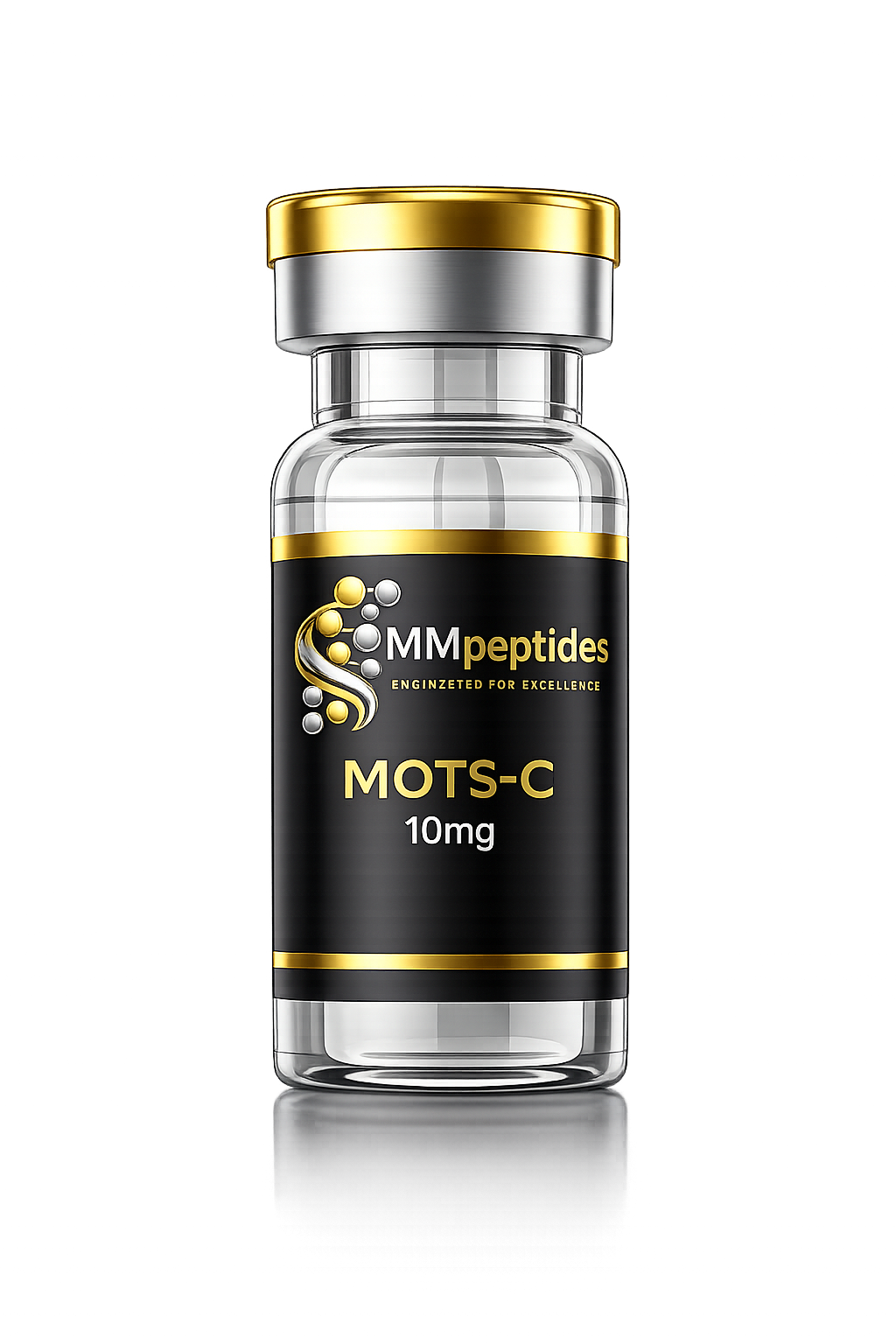 Glass vial labeled 'MMpeptides MOTS-C 10mg' with gold and black design on a white background