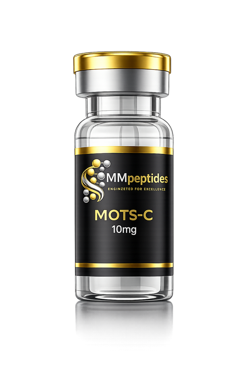Glass vial labeled 'MMpeptides MOTS-C 10mg' with gold and black design on a white background