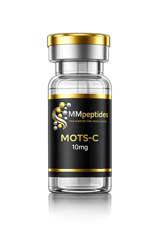 Glass vial labeled 'MMpeptides MOTS-C 10mg' with gold and black design on a white background