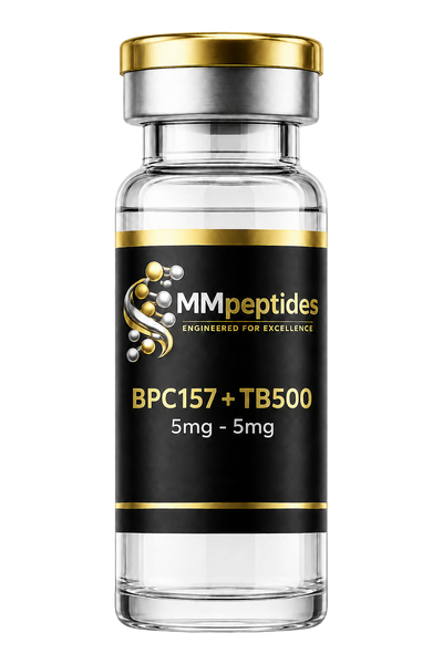 MMpeptides BPC-157 and TB-500 5mg research peptide blend vial with black and gold label