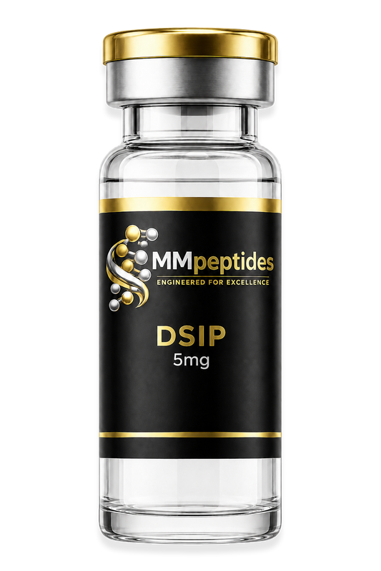 MMpeptides DSIP 5mg research peptide vial with matte black and gold label