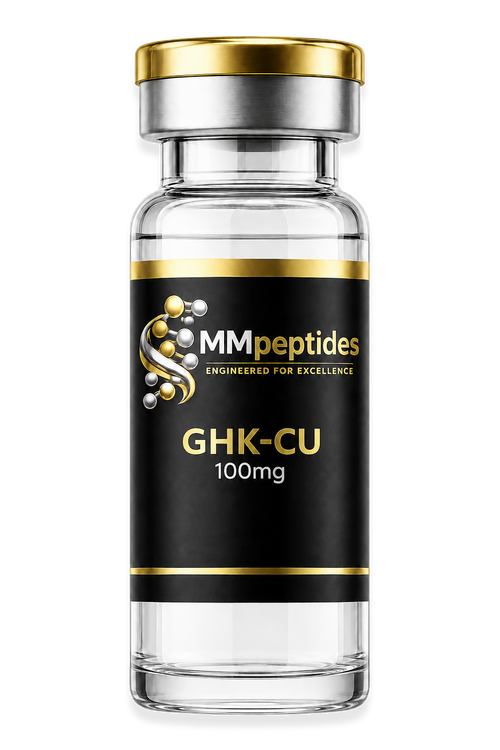 MMpeptides GHK-Cu 100mg research peptide vial with matte black and gold label