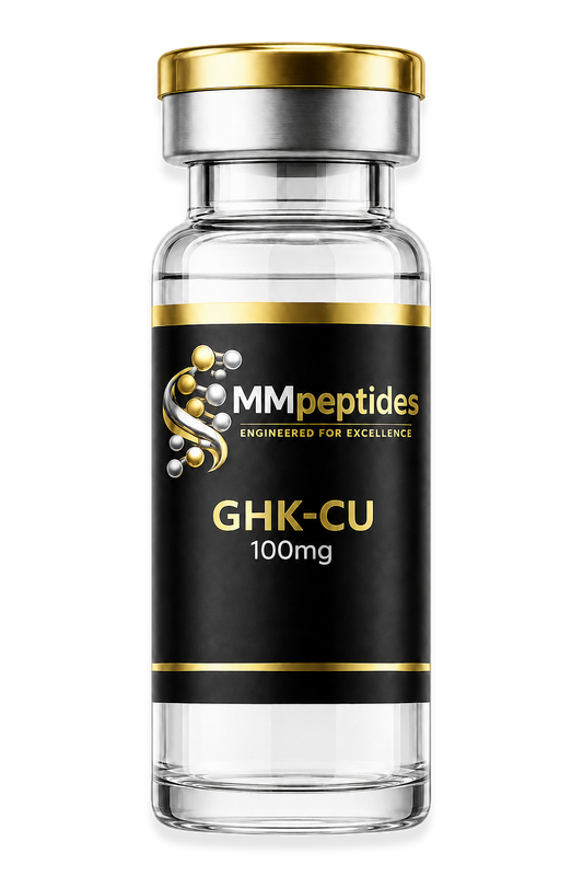MMpeptides GHK-Cu 100mg research peptide vial with matte black and gold label