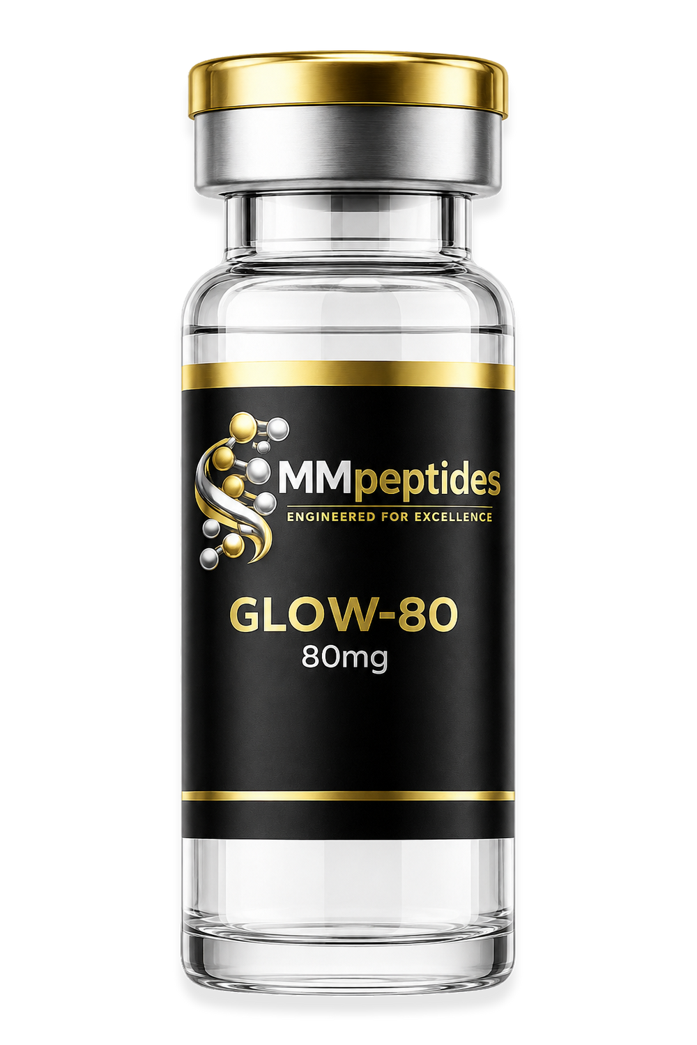 MMpeptides GLOW-80 80mg research peptide vial with black and gold label
