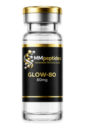 MMpeptides GLOW-80 80mg research peptide vial with black and gold label