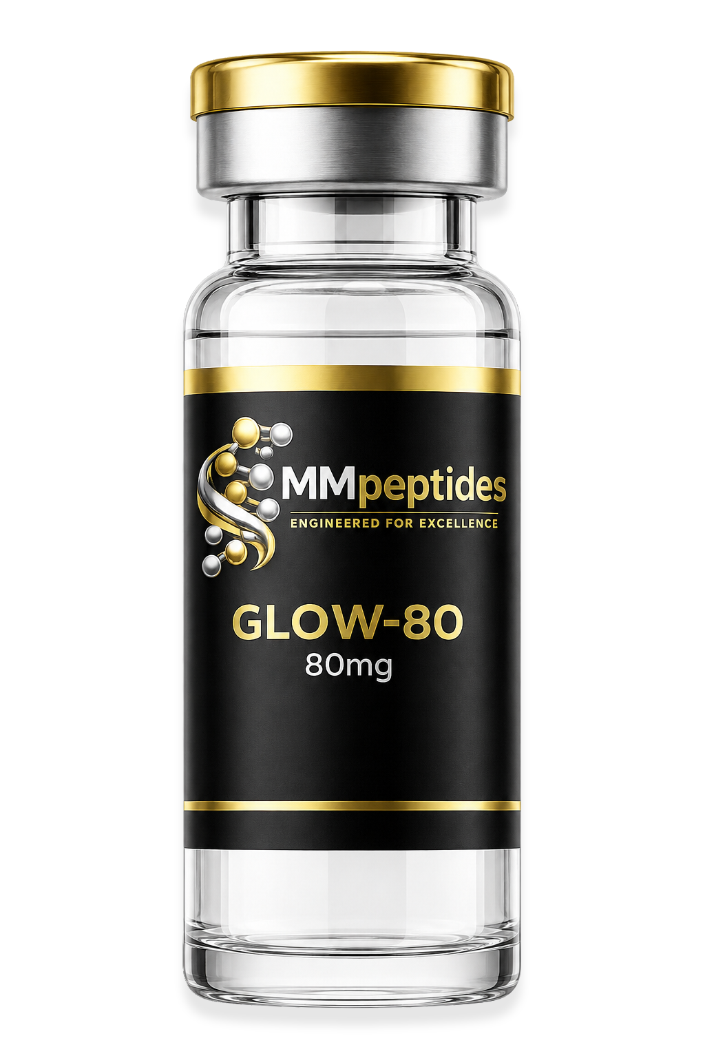 MMpeptides GLOW-80 80mg research peptide vial with black and gold label