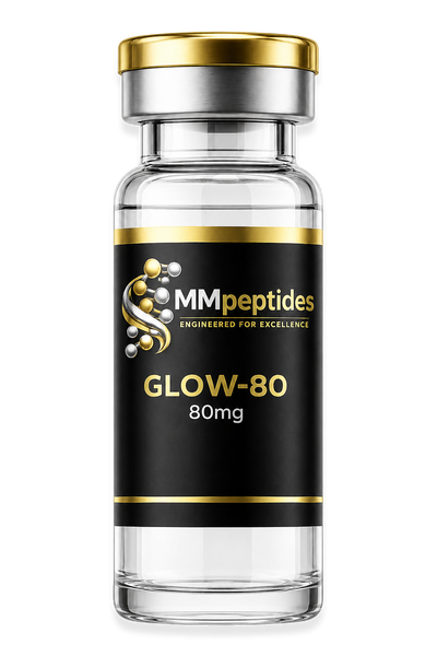 MMpeptides GLOW-80 80mg research peptide vial with black and gold label