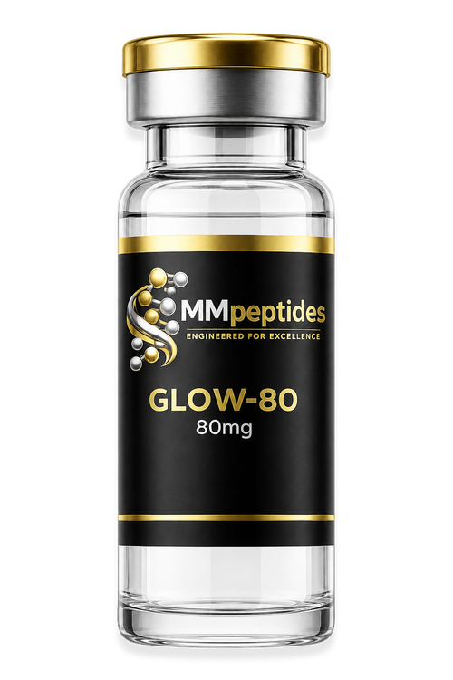 MMpeptides GLOW-80 80mg research peptide vial with black and gold label