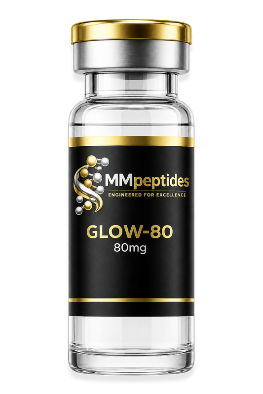 MMpeptides GLOW-80 80mg research peptide vial with black and gold label