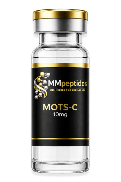 MMpeptides MOTS-C 10mg research peptide vial with black and gold label
