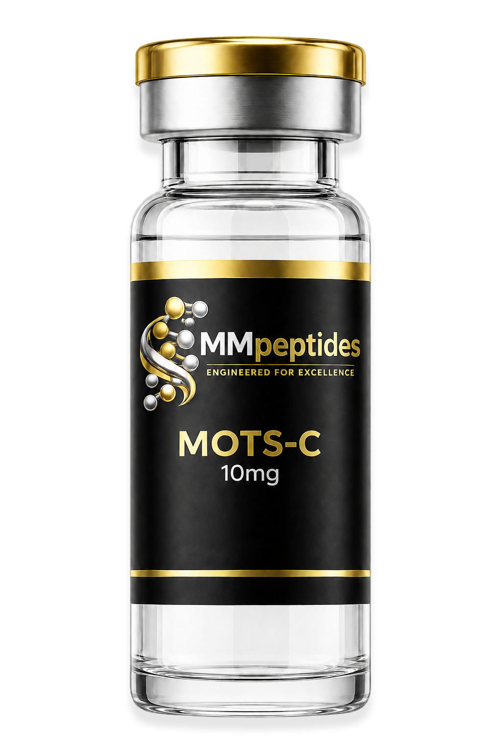 MMpeptides MOTS-C 10mg research peptide vial with black and gold label