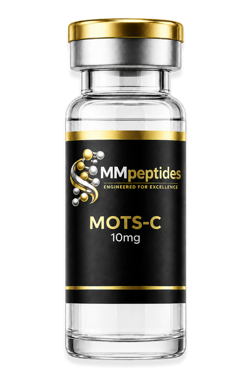 MMpeptides MOTS-C 10mg research peptide vial with black and gold label