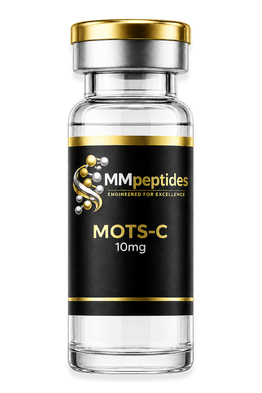 MMpeptides MOTS-C 10mg research peptide vial with black and gold label
