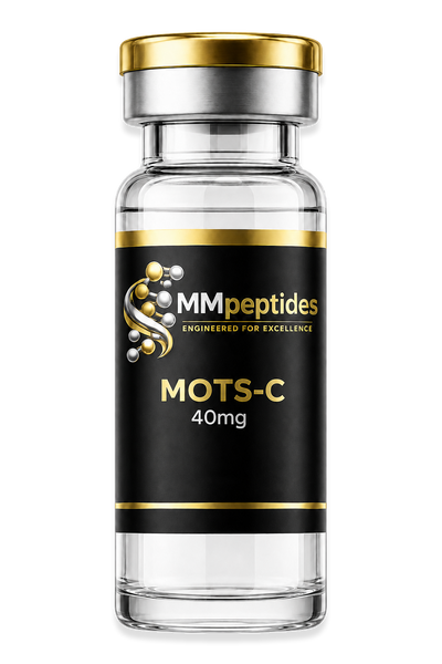 MMpeptides MOTS-C 40mg research peptide vial with black and gold label