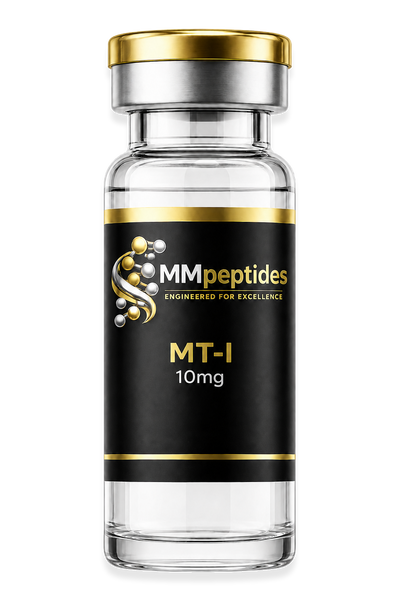 MMpeptides MT-1 10mg research peptide vial with black and gold label