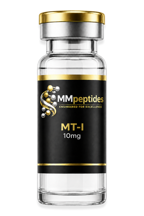 MMpeptides MT-1 10mg research peptide vial with black and gold label