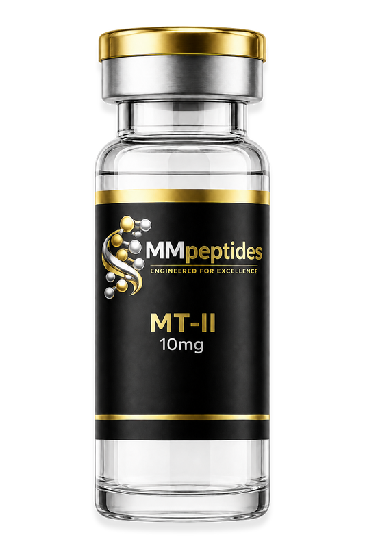 MMpeptides MT-2 10mg research peptide vial with black and gold label
