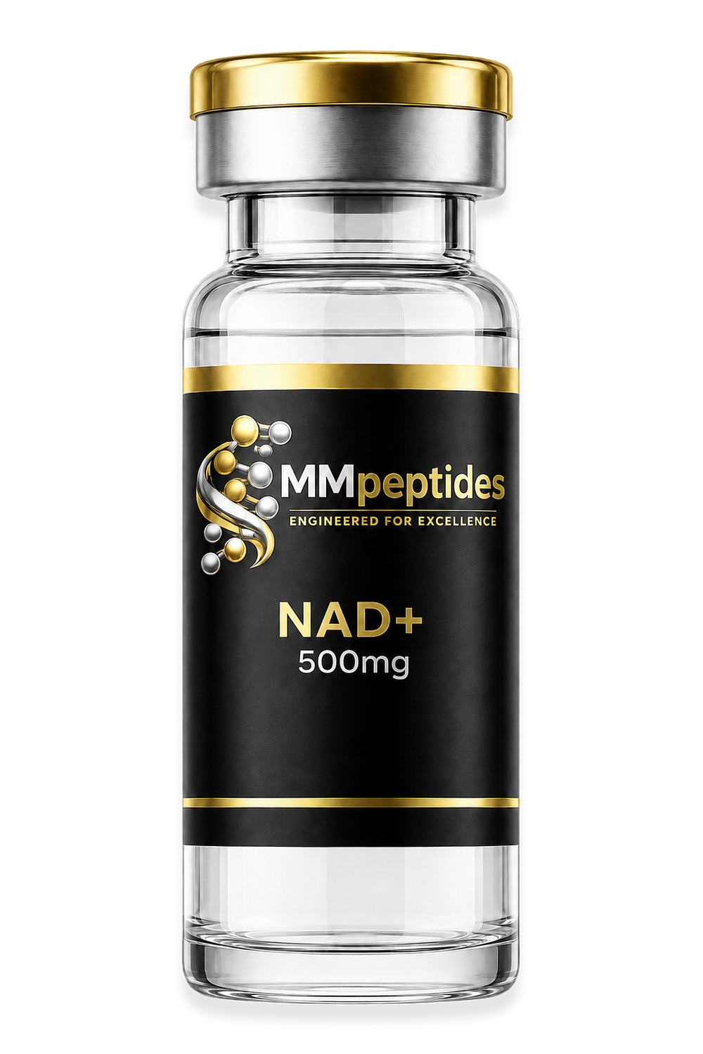 MMpeptides NAD+ 500mg vial with matte black and gold label