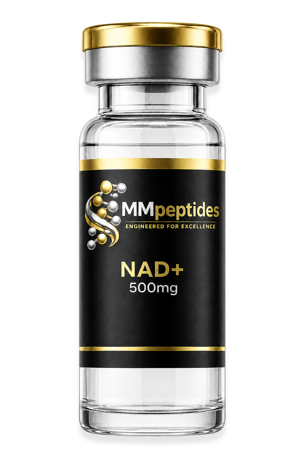 MMpeptides NAD+ 500mg vial with matte black and gold label
