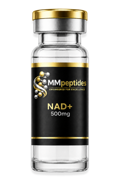 MMpeptides NAD+ 500mg vial with matte black and gold label