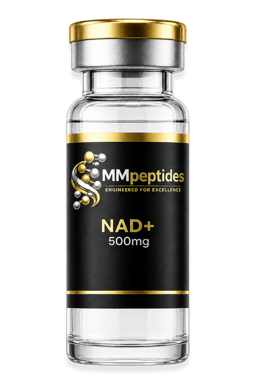 MMpeptides NAD+ 500mg vial with matte black and gold label