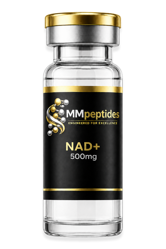 MMpeptides NAD+ 500mg vial with matte black and gold label