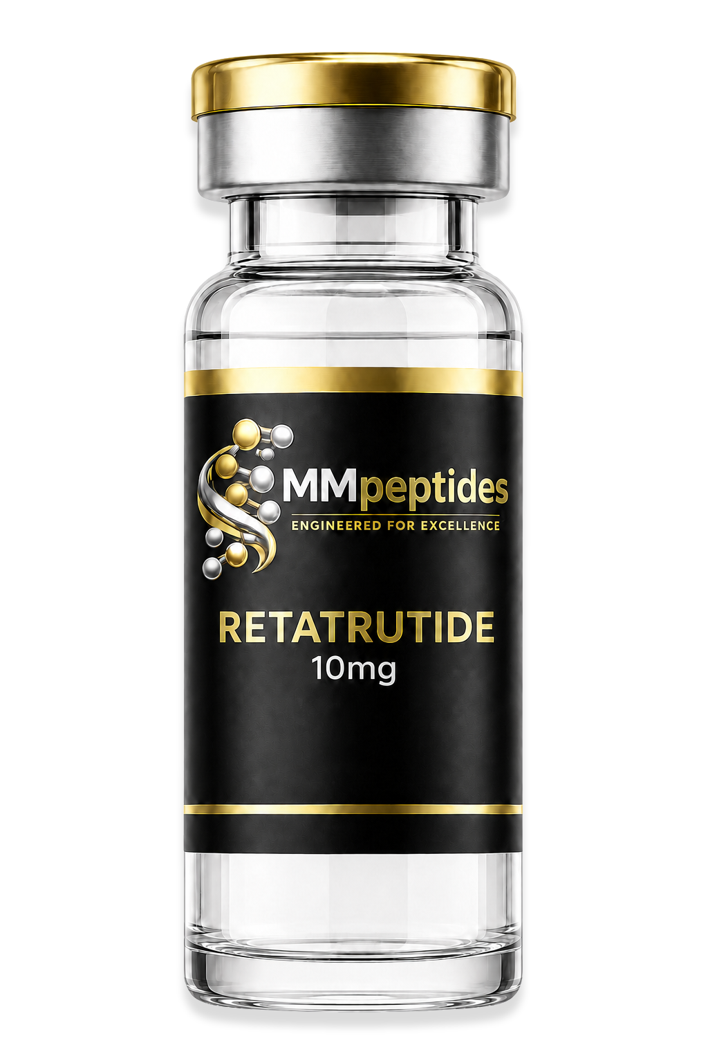 MMpeptides Retatrutide 10mg research peptide vial with black and gold label