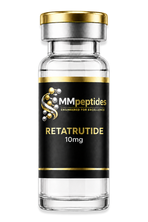 MMpeptides Retatrutide 10mg research peptide vial with black and gold label