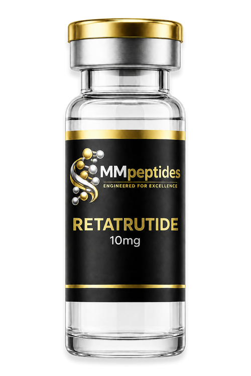 MMpeptides Retatrutide 10mg research peptide vial with black and gold label
