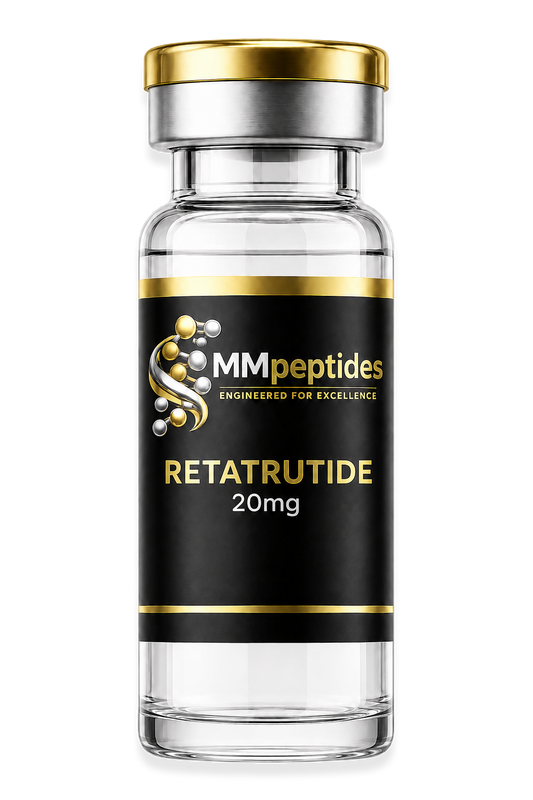 MMpeptides Retatrutide 20mg research peptide vial with black and gold label