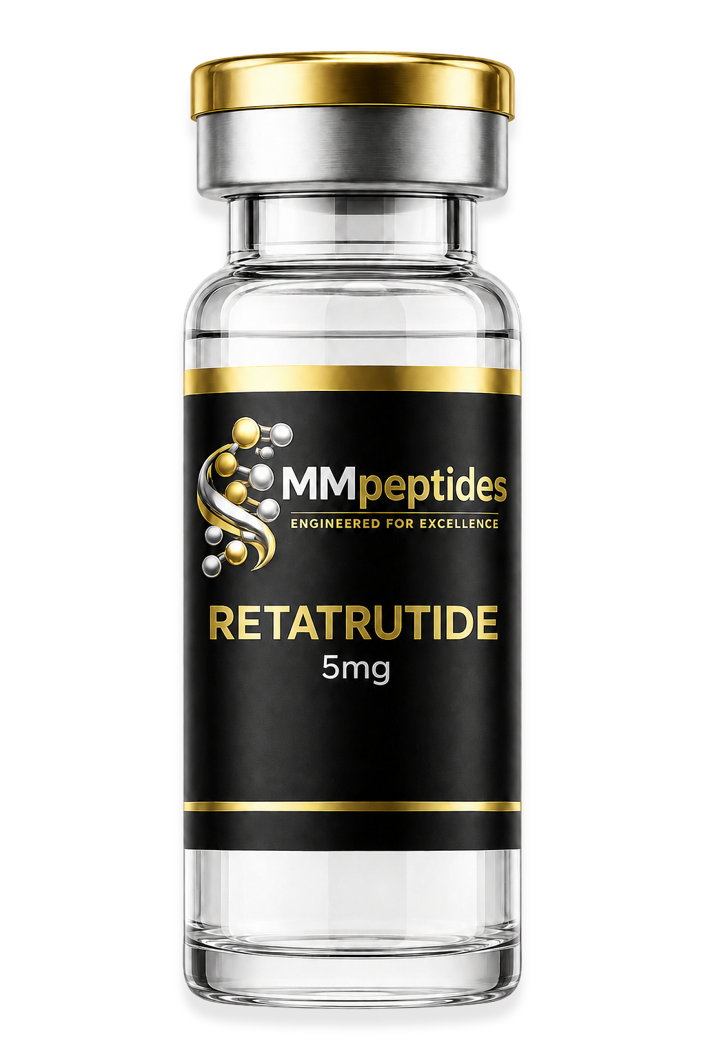 MMpeptides Retatrutide 5mg research peptide vial with black and gold label
