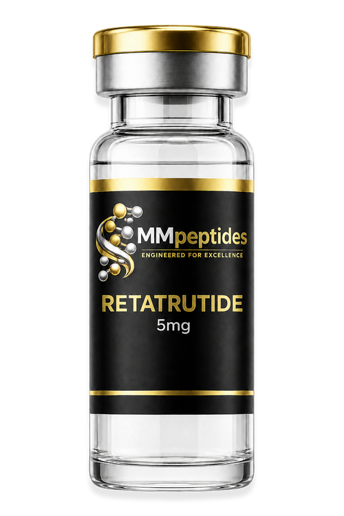 MMpeptides Retatrutide 5mg research peptide vial with black and gold label