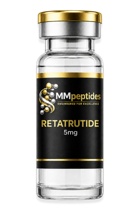 MMpeptides Retatrutide 5mg research peptide vial with black and gold label