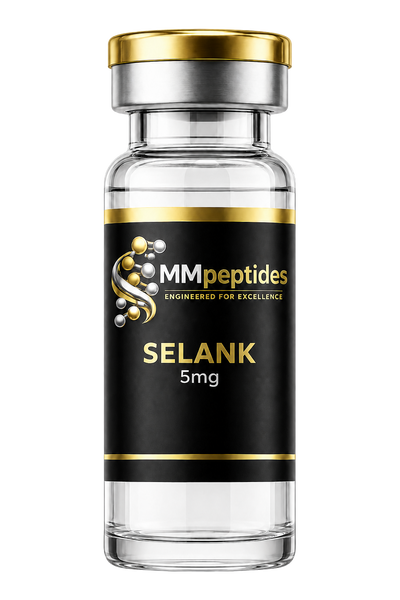 MMpeptides Selank 5mg research peptide vial with black and gold label
