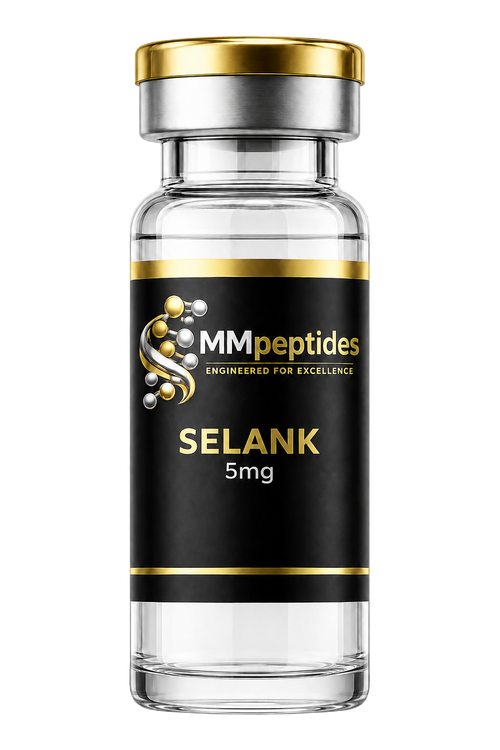 MMpeptides Selank 5mg research peptide vial with black and gold label
