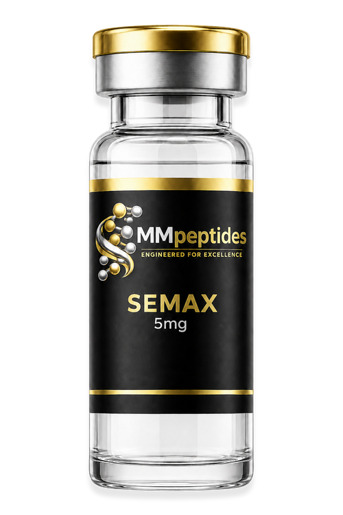 MMpeptides Semax 5mg research peptide vial with black and gold label